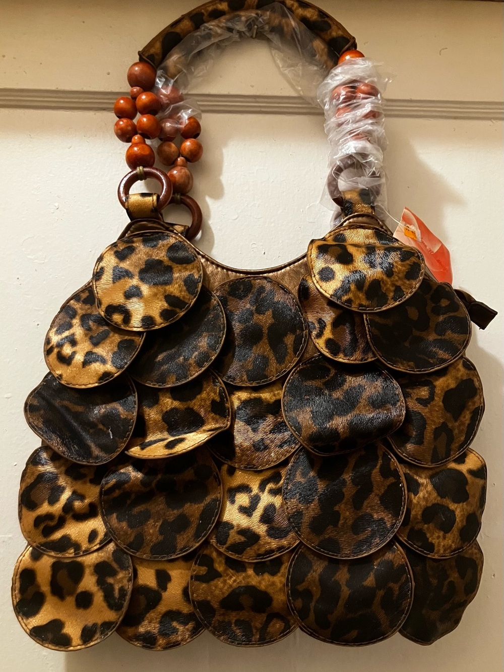 Leopard Print Scallop circle Shoulder Bag with Beaded Handle - Brown/Black